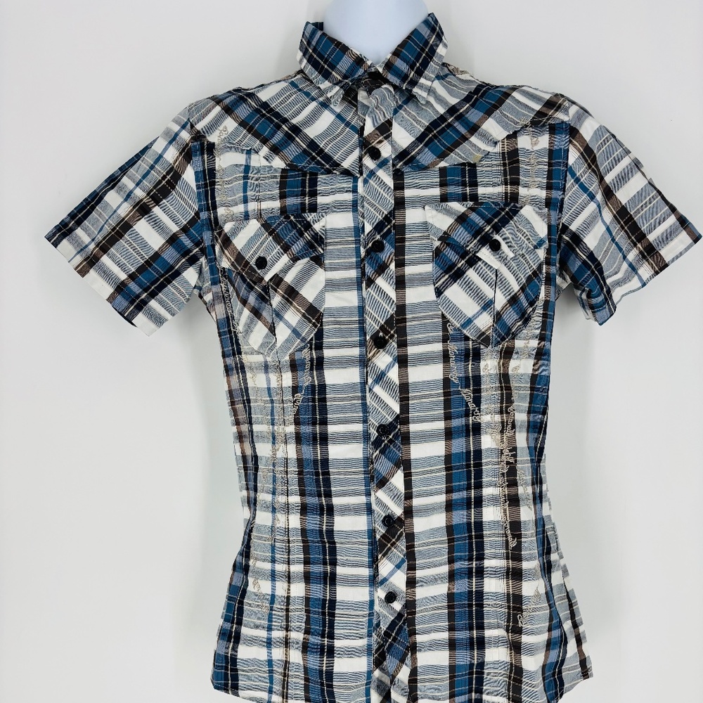 Men's Monarchy Button Up Shirt Y2K Graphic Streetwear Short Sleeve Size: S